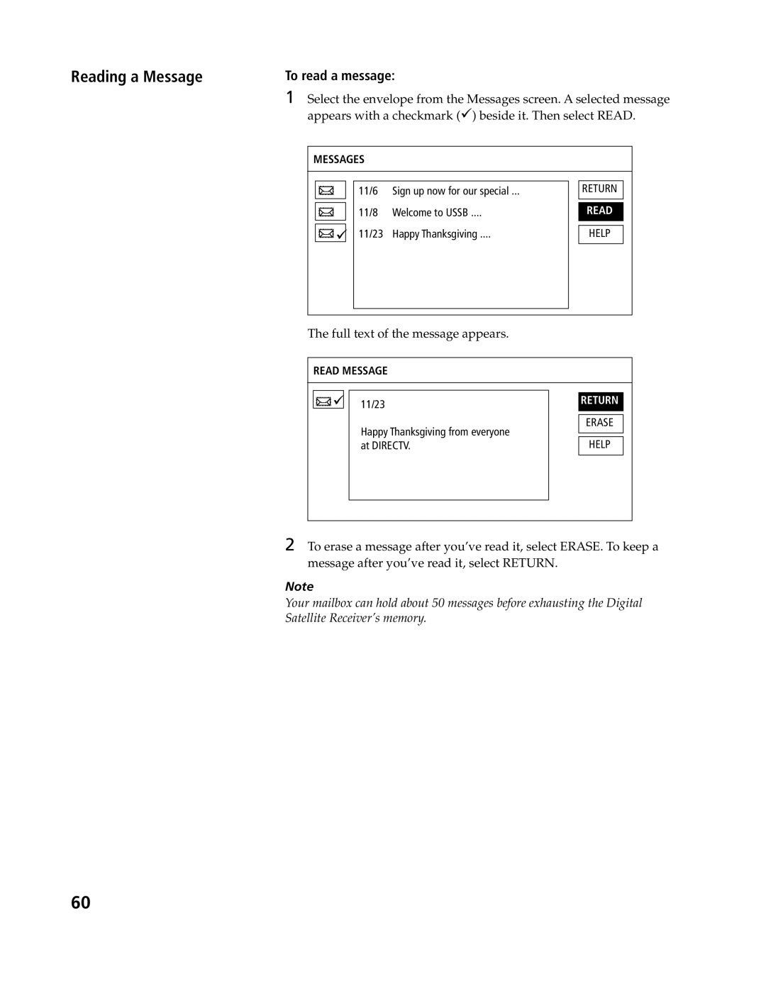 Sony SAT-B3, SAT-A4 Reading a Message, To read a message, Appears with a checkmark ü beside it. Then select Read 