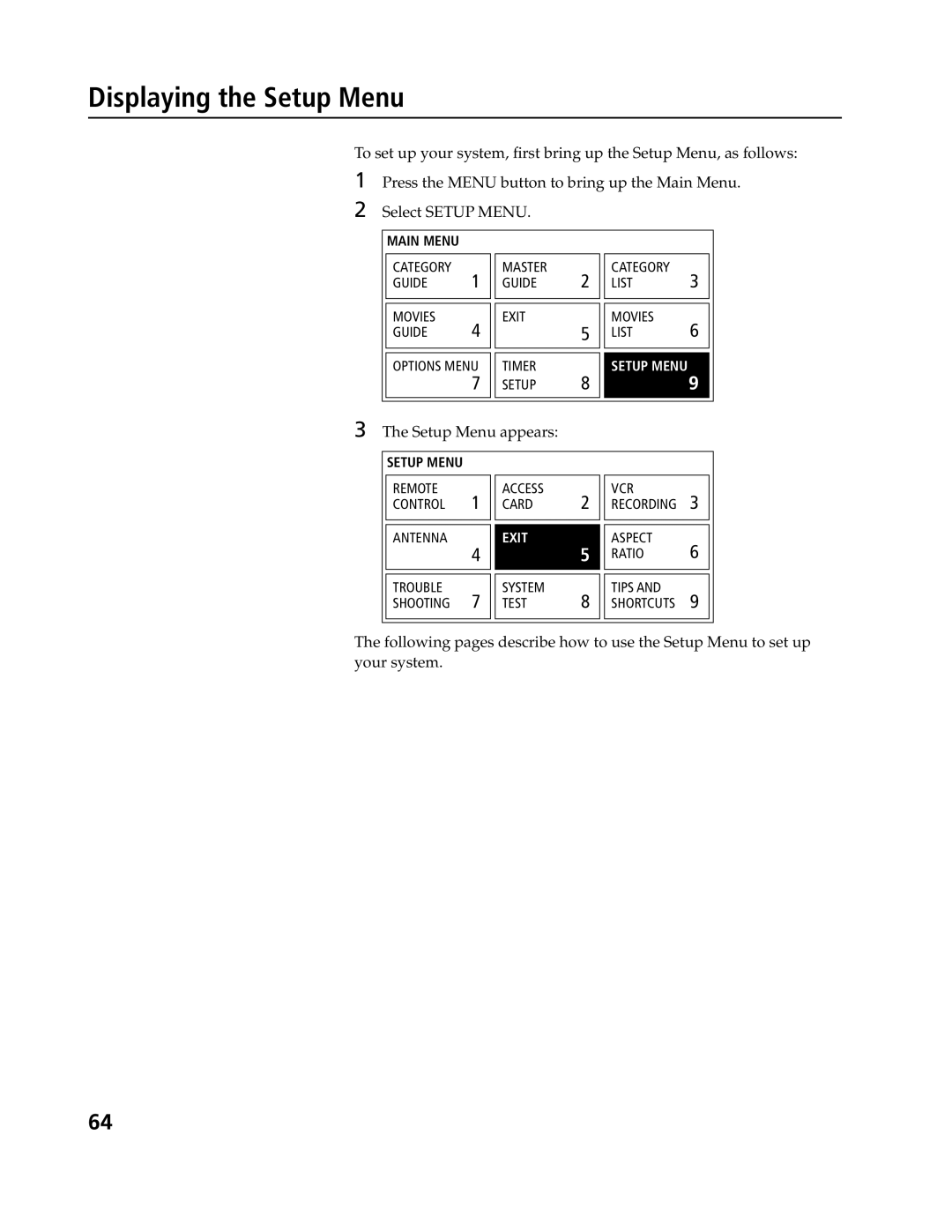 Sony SAT-B3, SAT-A4 operating instructions Displaying the Setup Menu, Setup Menu appears 