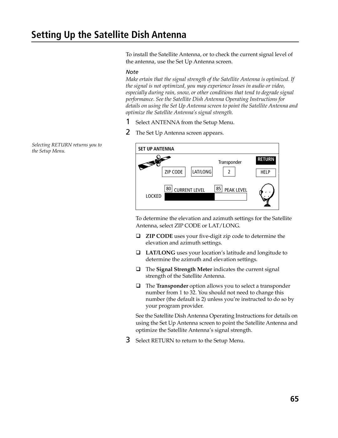 Sony SAT-A4, SAT-B3 operating instructions Setting Up the Satellite Dish Antenna 