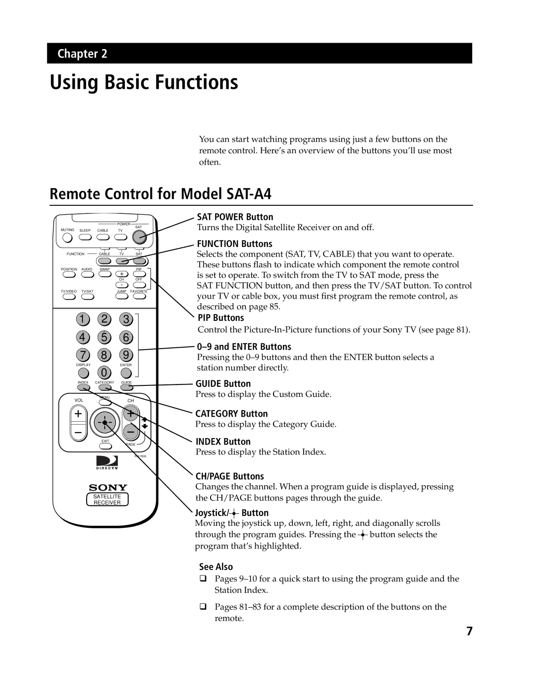 Sony SAT-B3 operating instructions Remote Control for Model SAT-A4 