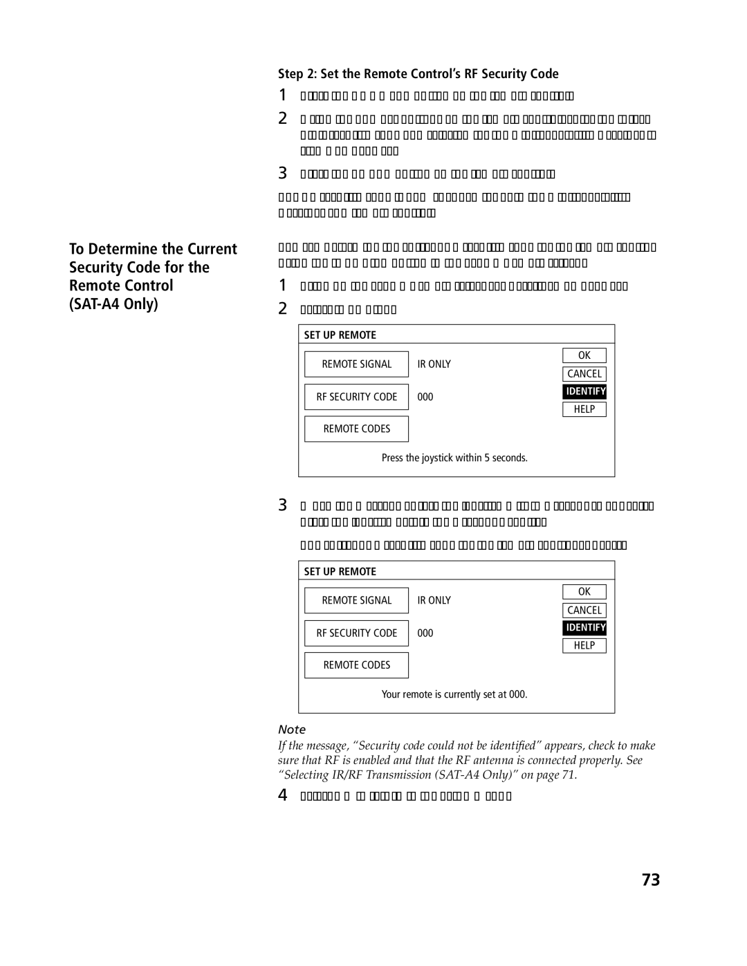 Sony SAT-A4, SAT-B3 operating instructions Set the Remote Control’s RF Security Code, Select OK to return to the Setup Menu 