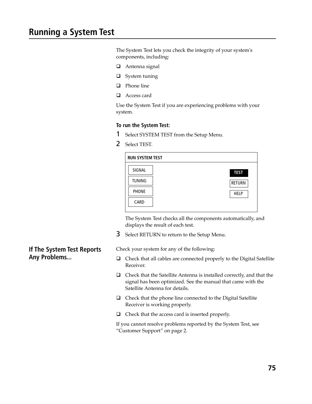 Sony SAT-A4, SAT-B3 Running a System Test, If The System Test Reports Any Problems, To run the System Test 