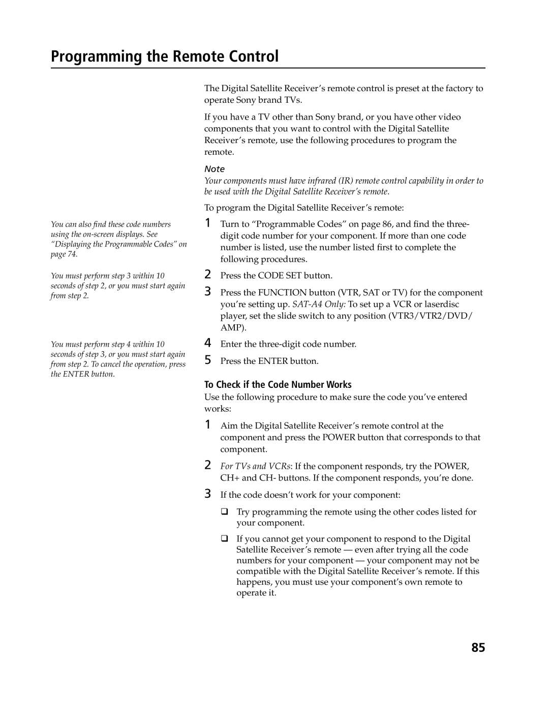 Sony SAT-A4, SAT-B3 operating instructions Programming the Remote Control, To Check if the Code Number Works 