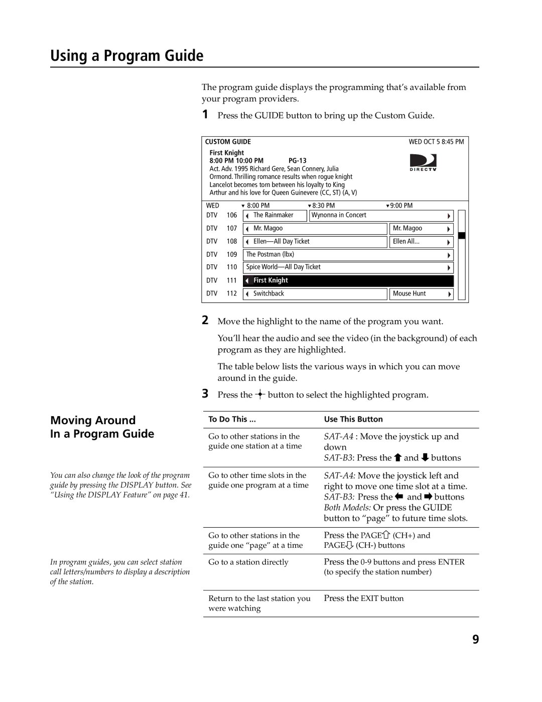 Sony SAT-A4, SAT-B3 operating instructions Using a Program Guide, Moving Around A Program Guide 