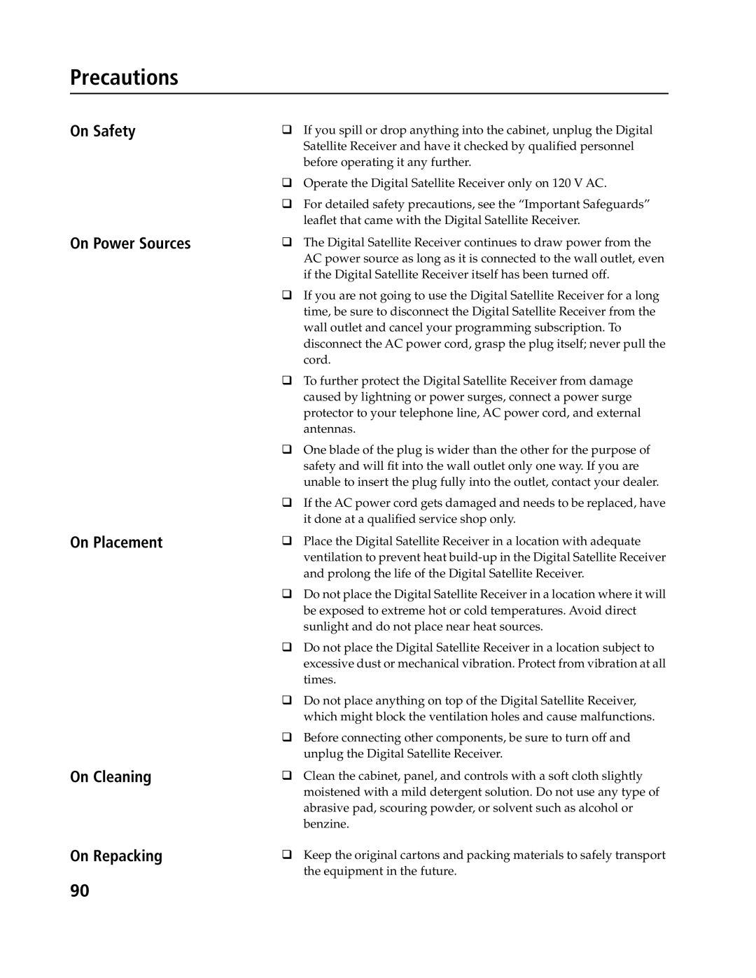 Sony SAT-B3, SAT-A4 operating instructions Precautions 