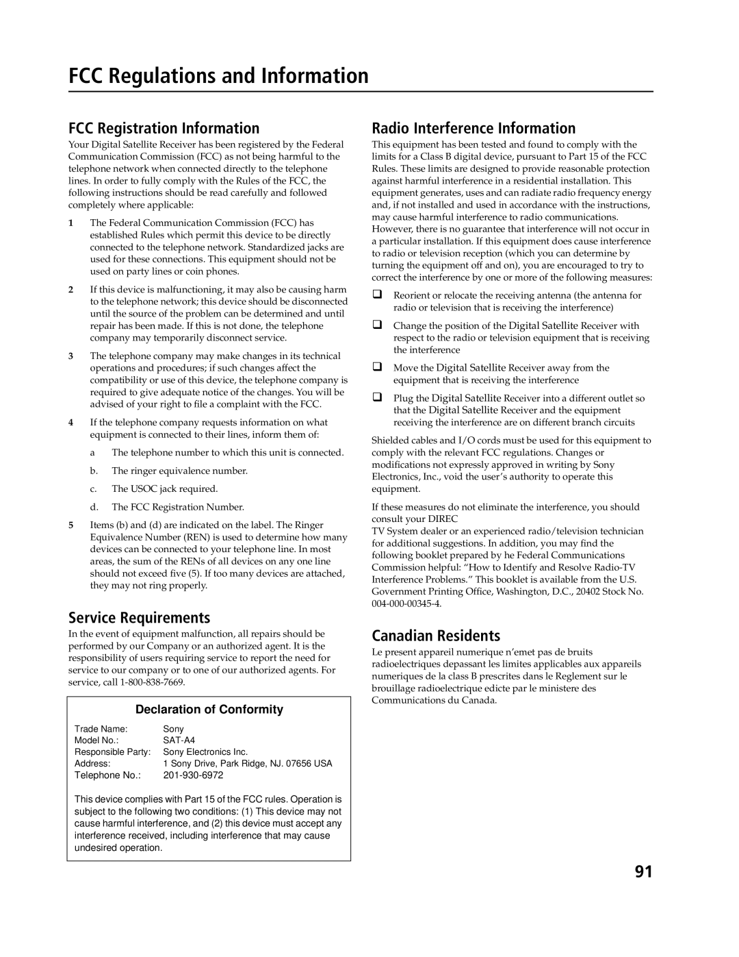 Sony SAT-A4 FCC Regulations and Information, FCC Registration Information, Service Requirements, Canadian Residents 