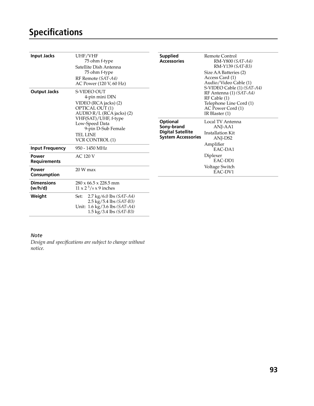 Sony SAT-A4, SAT-B3 operating instructions Speciﬁcations, Output Jacks 