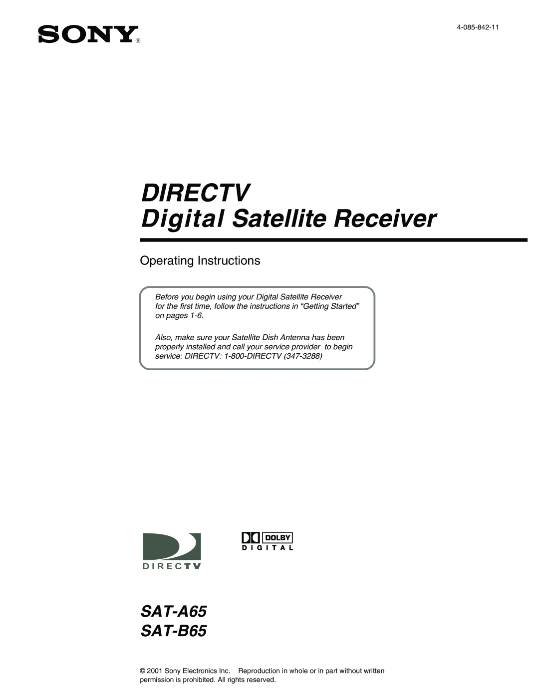 Sony SAT-A65, SAT-B65 manual Directv 