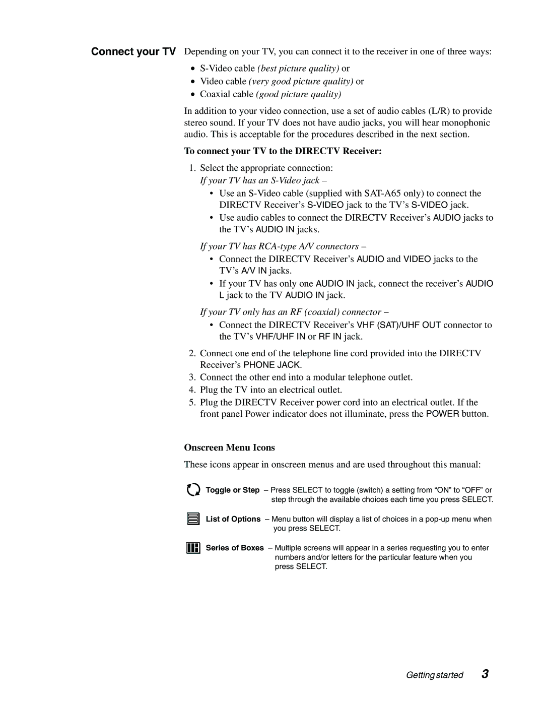 Sony SAT-B65, SAT-A65 manual To connect your TV to the Directv Receiver 