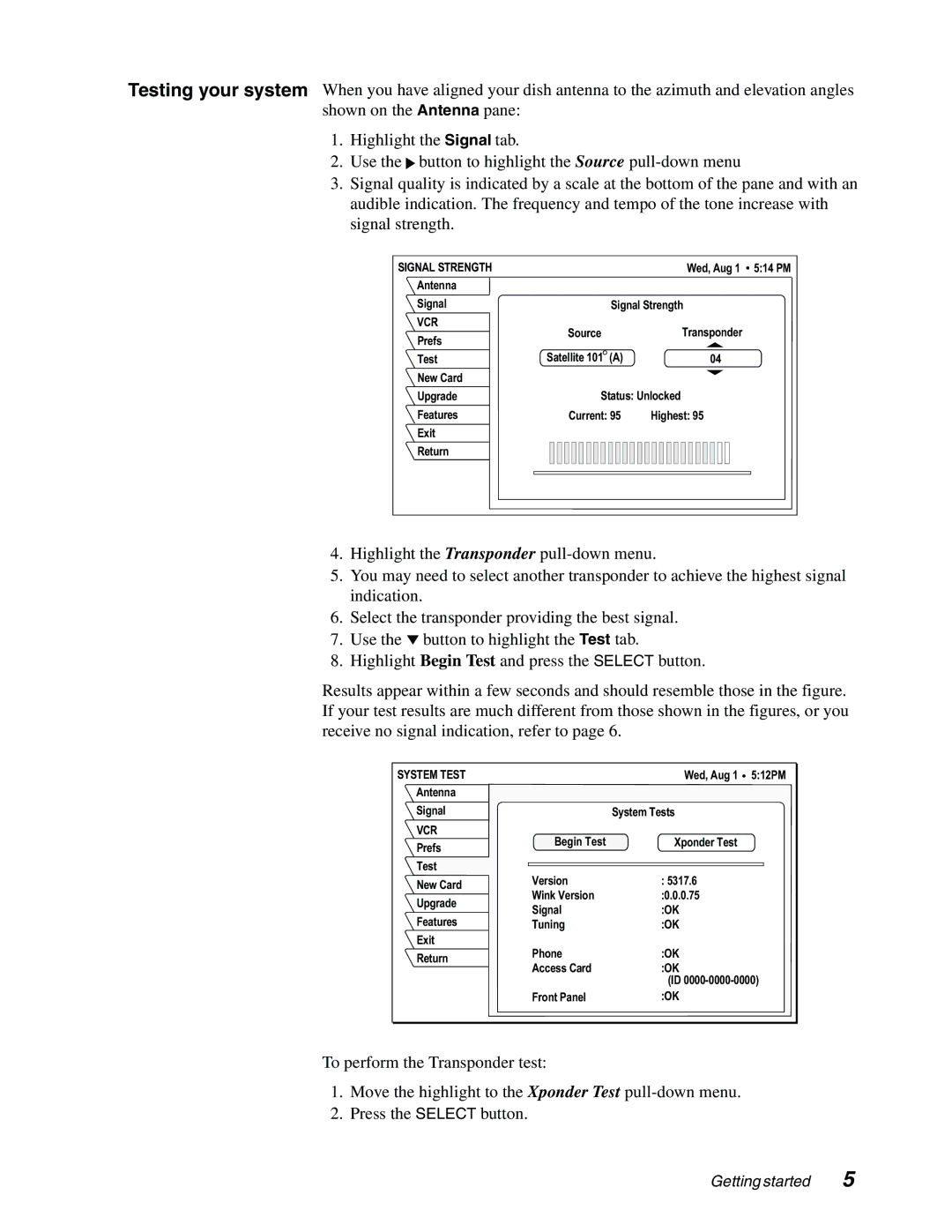 Sony SAT-B65, SAT-A65 manual Signal Strength, System Test 