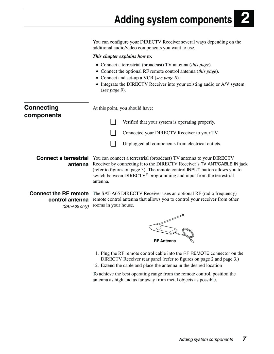 Sony SAT-B65, SAT-A65 manual Connecting components, Connect a terrestrial antenna, Connect the RF remote control antenna 