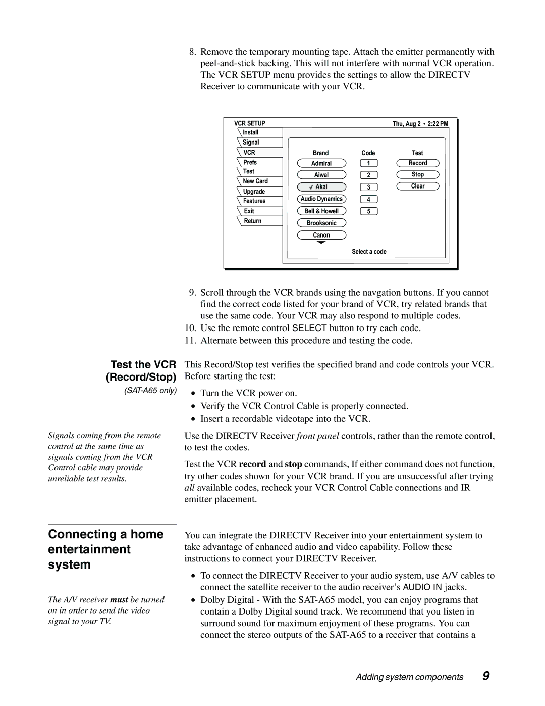 Sony SAT-B65, SAT-A65 manual Connecting a home entertainment system 