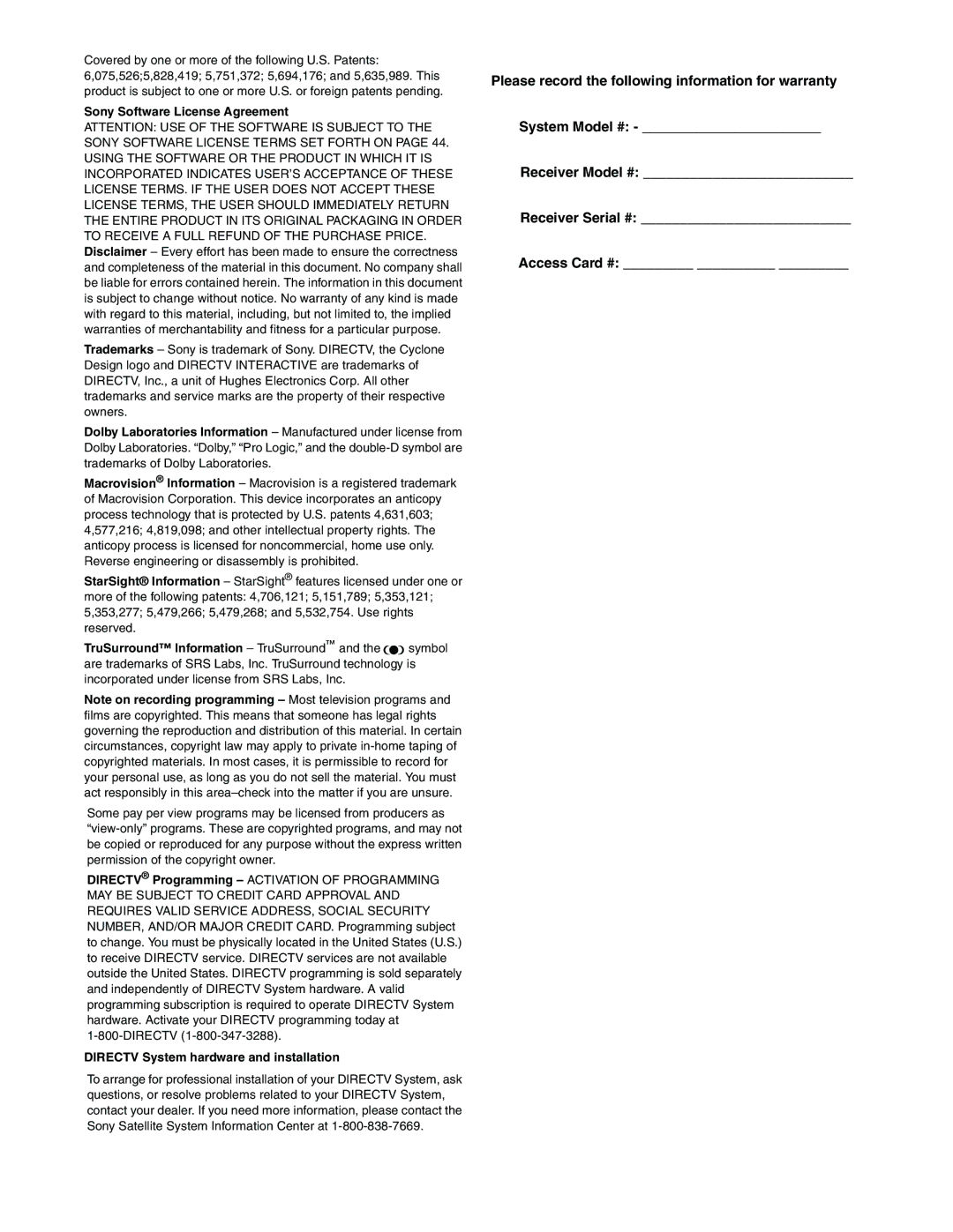 Sony SAT-B65, SAT-A65 manual Sony Software License Agreement 