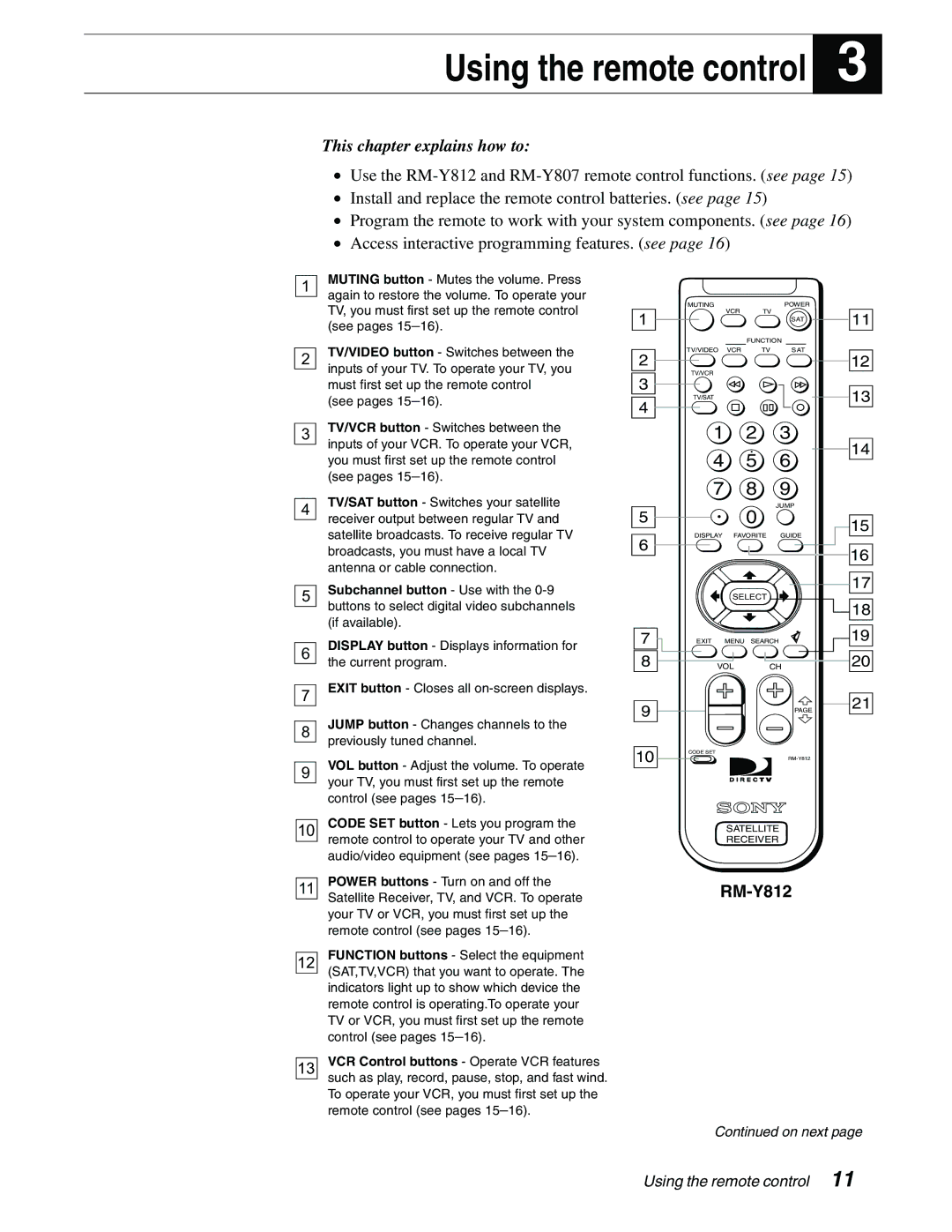 Sony SAT-B65, SAT-A65 manual Using the remote control 