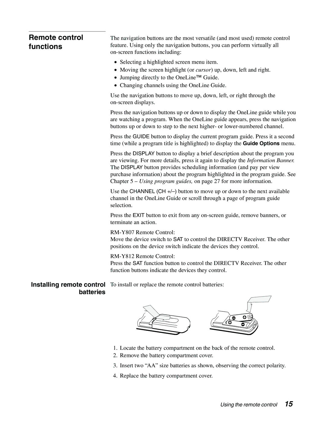 Sony SAT-B65, SAT-A65 manual Remote control functions, Installing remote control batteries 