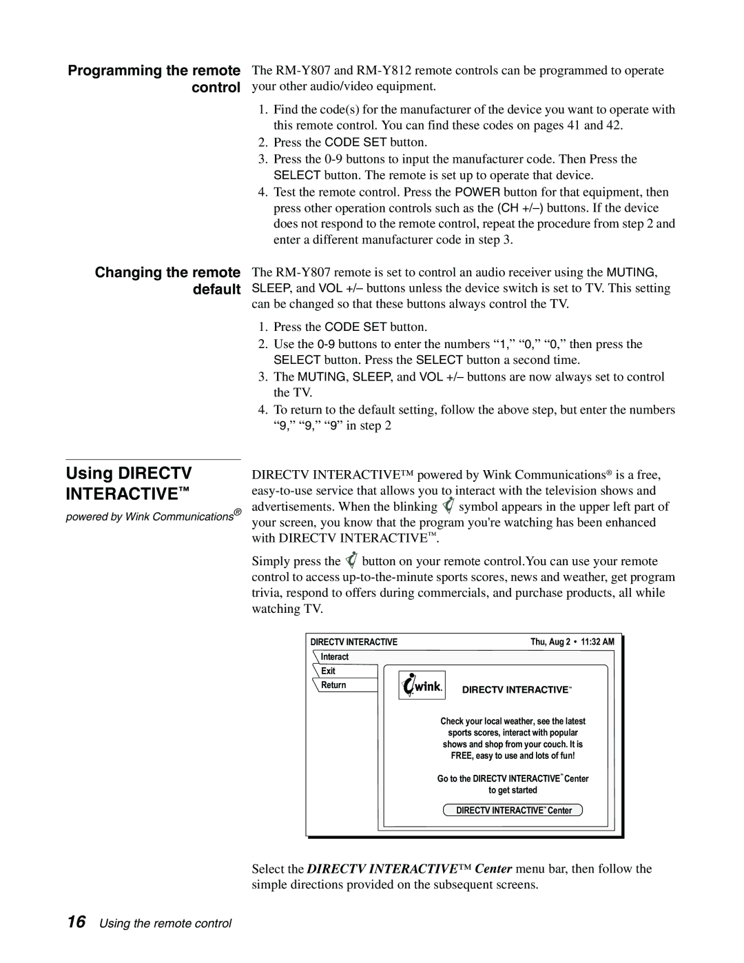 Sony SAT-A65, SAT-B65 manual Using Directv, Programming the remote control, Changing the remote default, Directv Interactive 