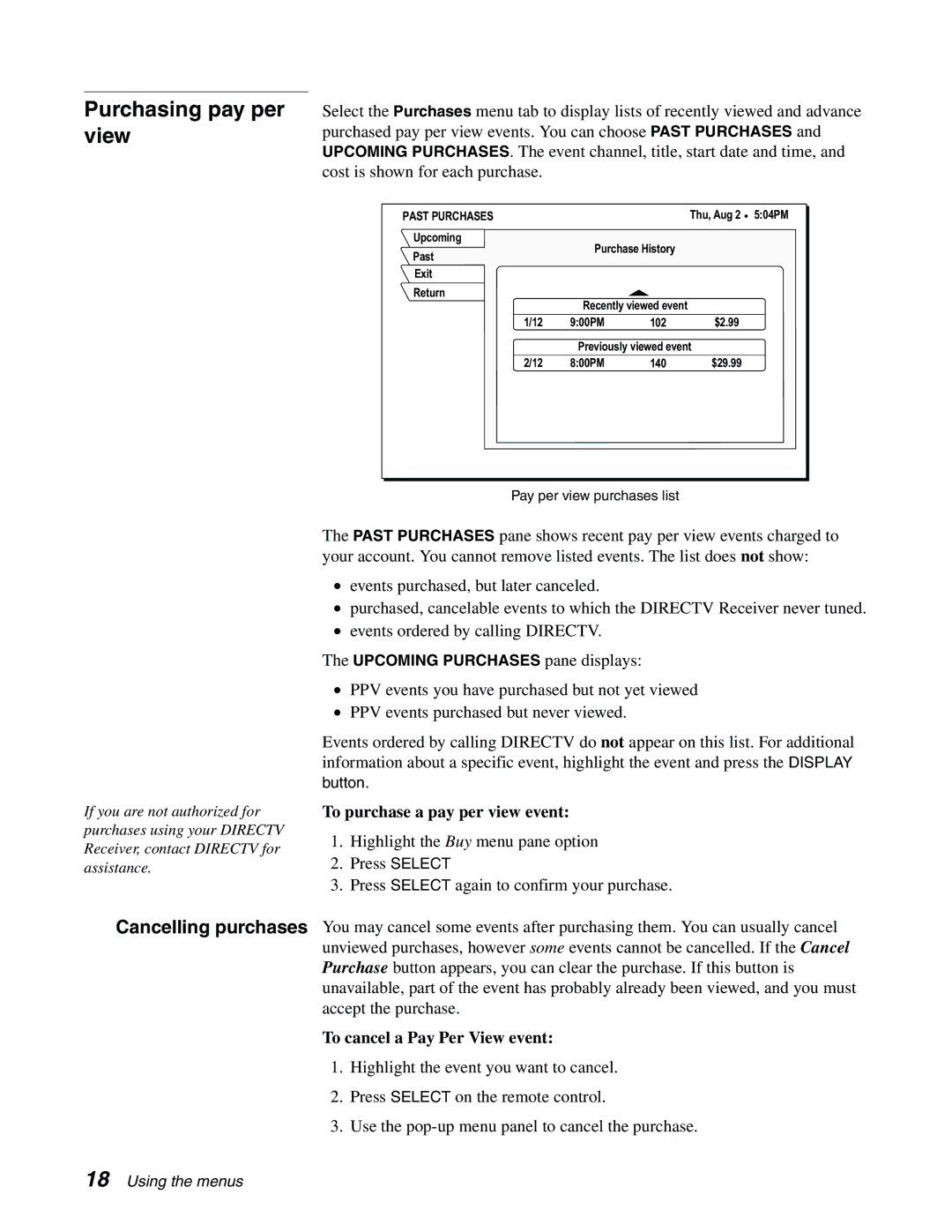 Sony SAT-A65, SAT-B65 manual Purchasing pay per view, Cancelling purchases, Past Purchases 