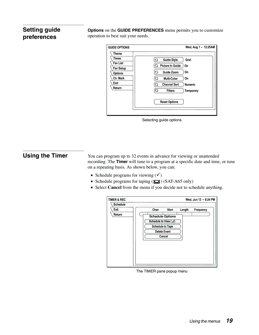 Sony SAT-B65, SAT-A65 manual Setting guide preferences, Using the Timer, Guide Options, Timer & REC 