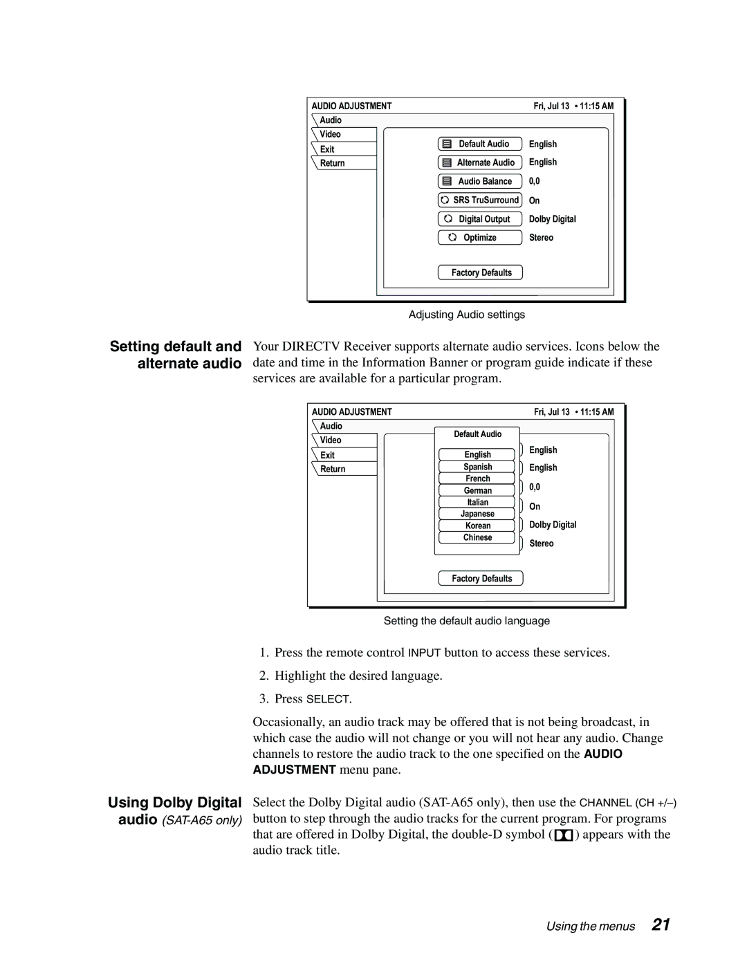 Sony SAT-B65, SAT-A65 manual Using Dolby Digital, Audio Adjustment 