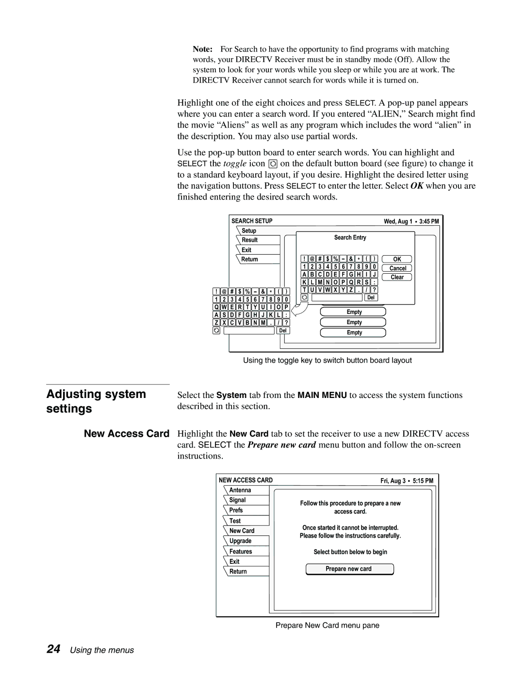 Sony SAT-A65, SAT-B65 manual Adjusting system settings, New Access Card, NEW Access Card 