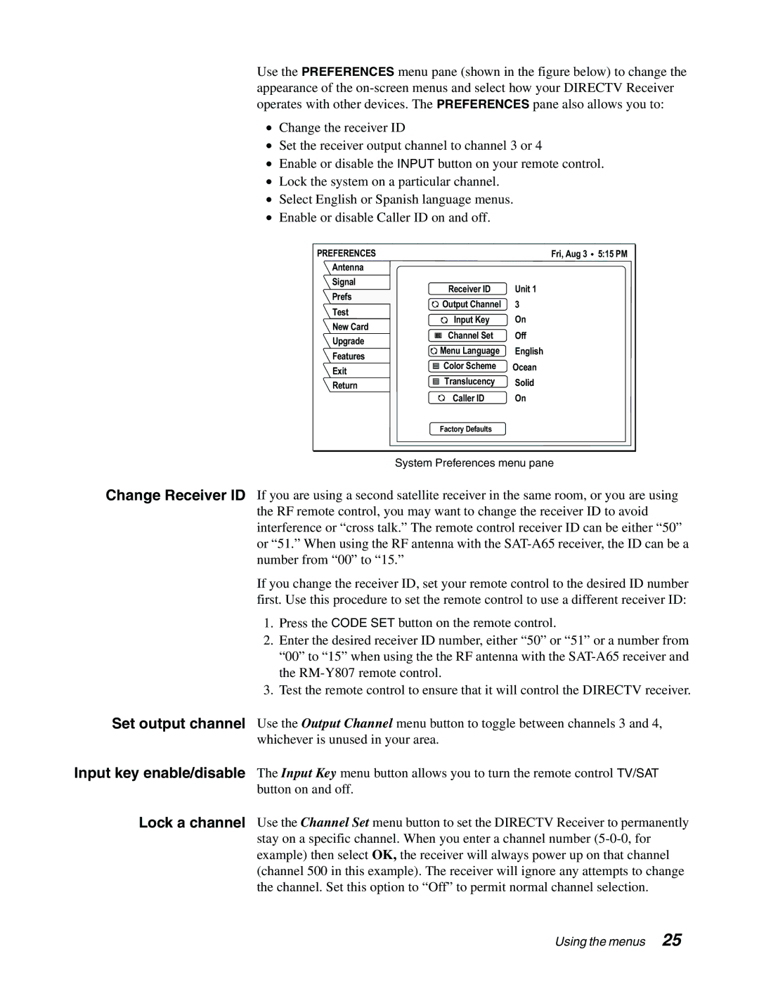 Sony SAT-B65, SAT-A65 manual Preferences 