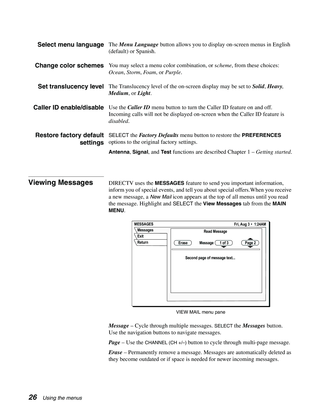 Sony SAT-A65, SAT-B65 manual Viewing Messages, Restore factory default settings 