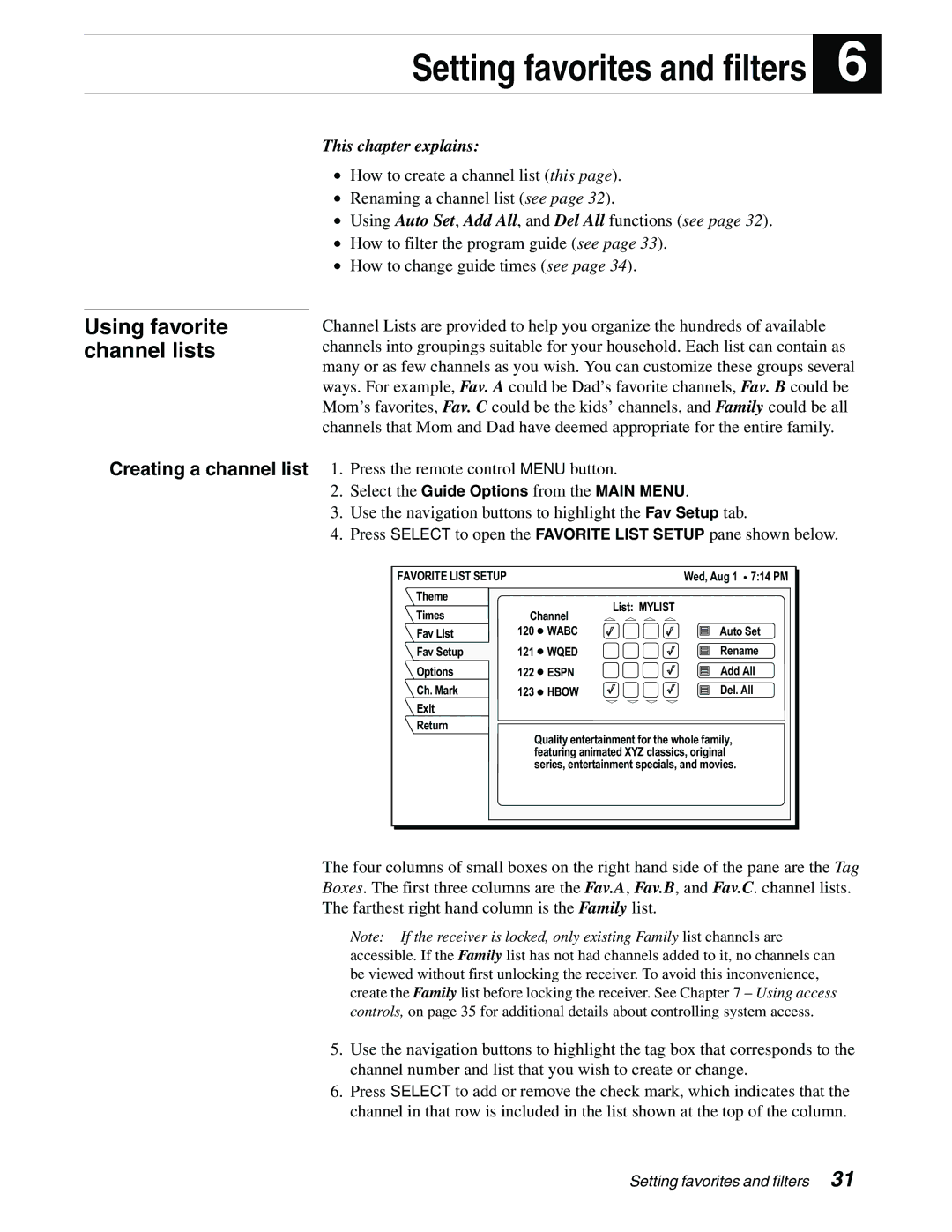 Sony SAT-B65, SAT-A65 manual Using favorite channel lists, Wabc, Wqed, Espn, Hbow 