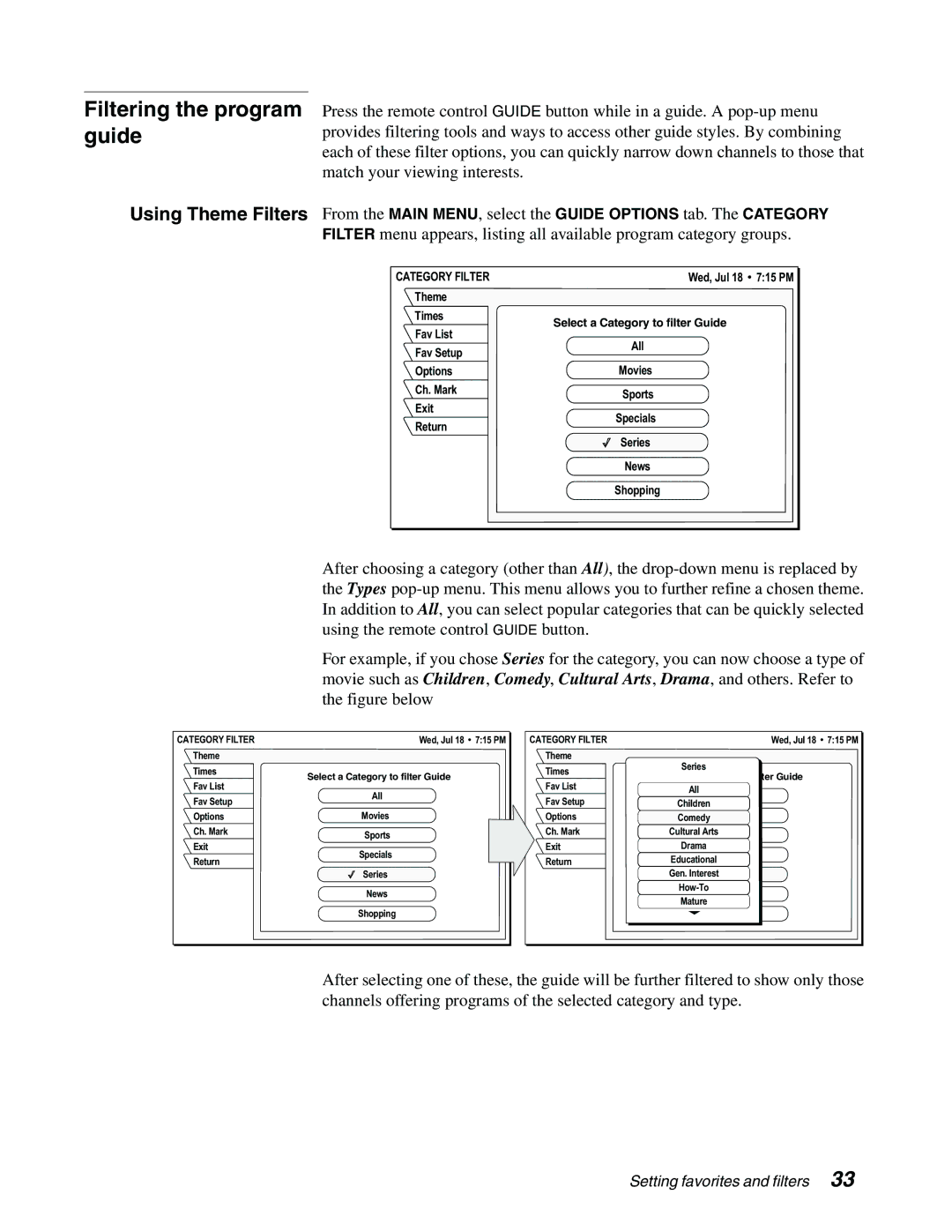 Sony SAT-B65, SAT-A65 manual Filtering the program guide, Category Filter 