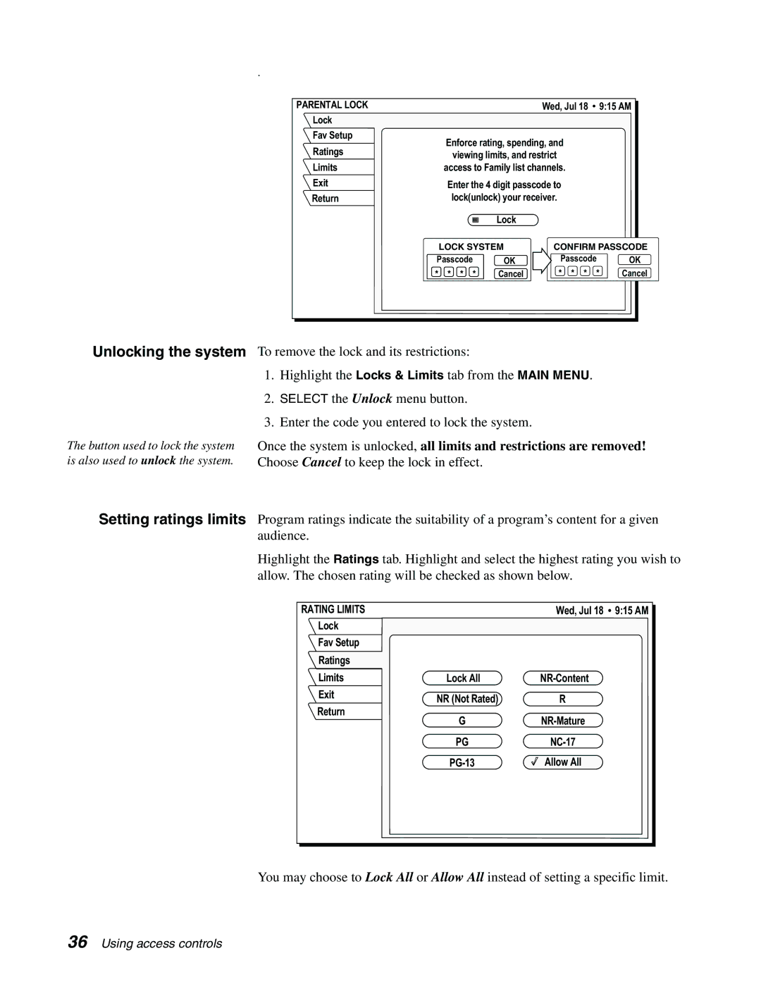 Sony SAT-A65, SAT-B65 manual Unlocking the system, Setting ratings limits 