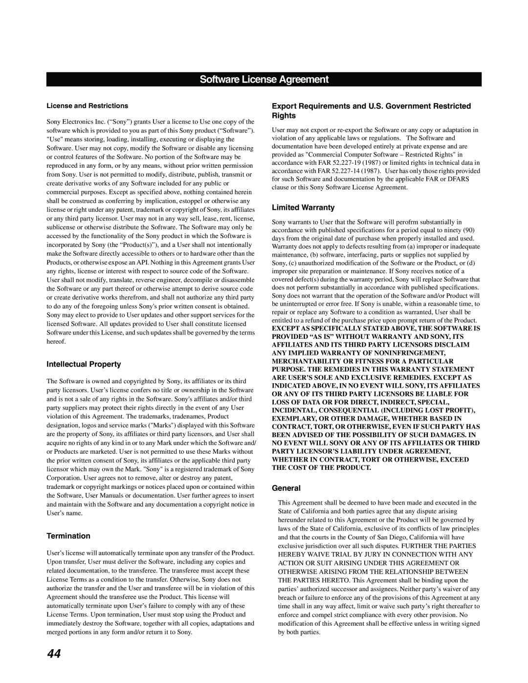 Sony SAT-A65, SAT-B65 manual Software License Agreement 