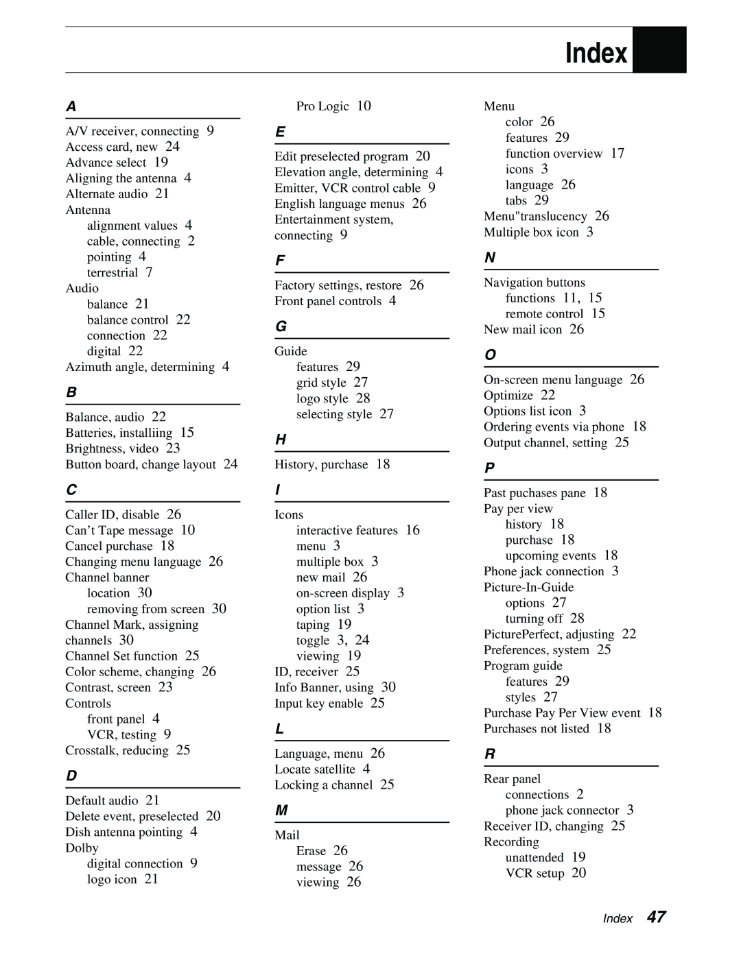 Sony SAT-B65, SAT-A65 manual Index 