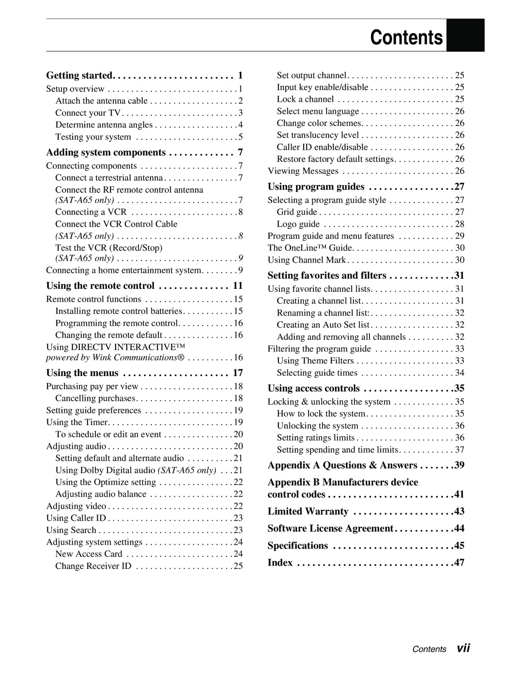 Sony SAT-B65, SAT-A65 manual Contents 