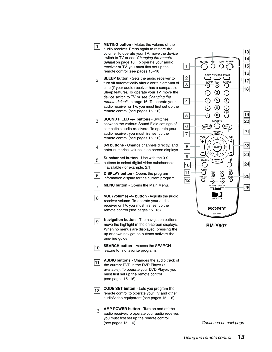 Sony SAT-B65, SAT-A65 manual RM-Y807, Using the remote control 
