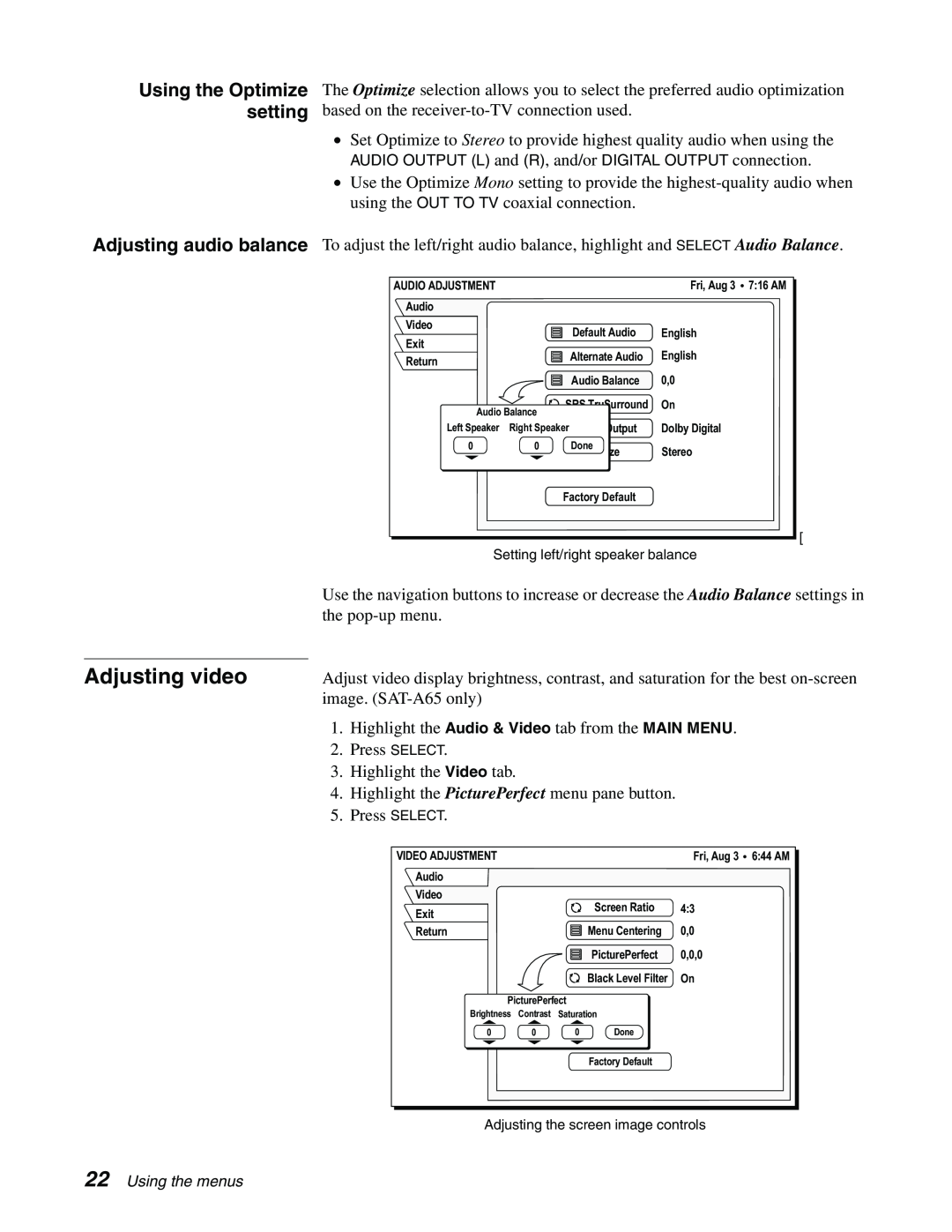 Sony SAT-A65, SAT-B65 manual Adjusting video, Using the Optimize setting 
