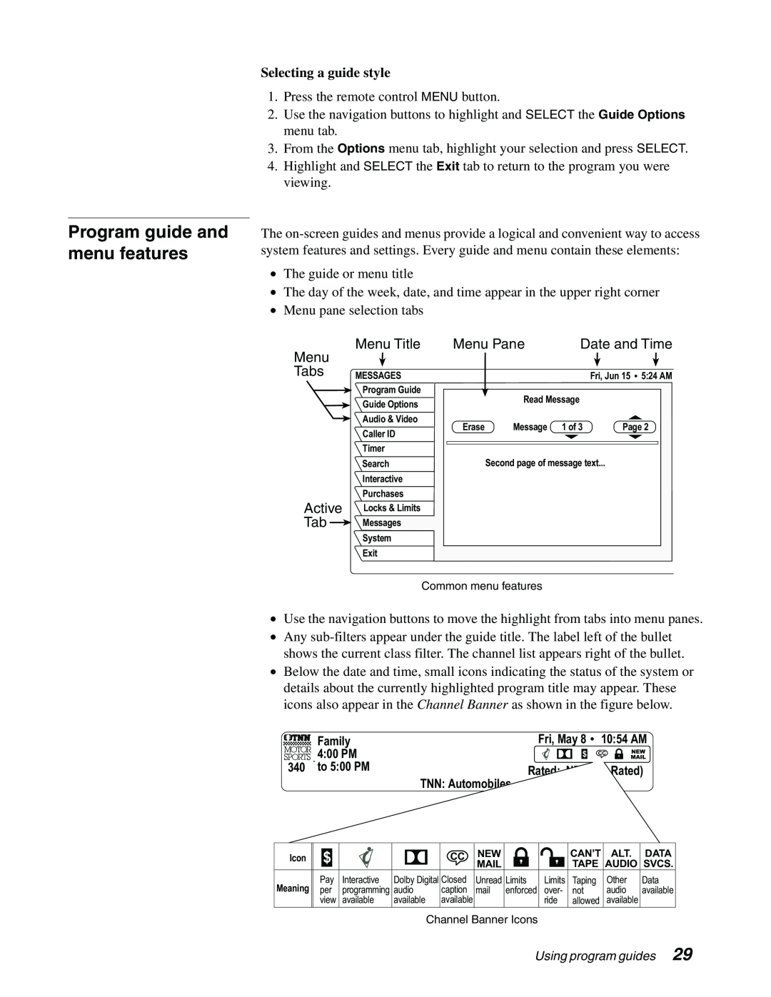 Sony SAT-B65, SAT-A65 Program guide and menu features, Selecting a guide style, Menu Title, Tabs, Active, Menu Pane 