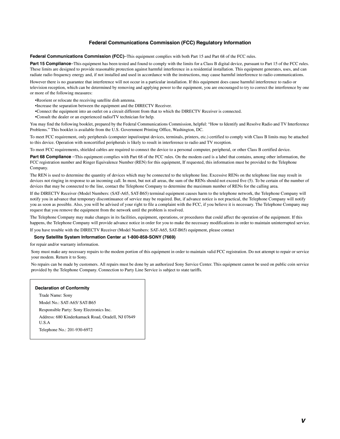 Sony SAT-B65, SAT-A65 manual Federal Communications Commission FCC Regulatory Information, Declaration of Conformity 