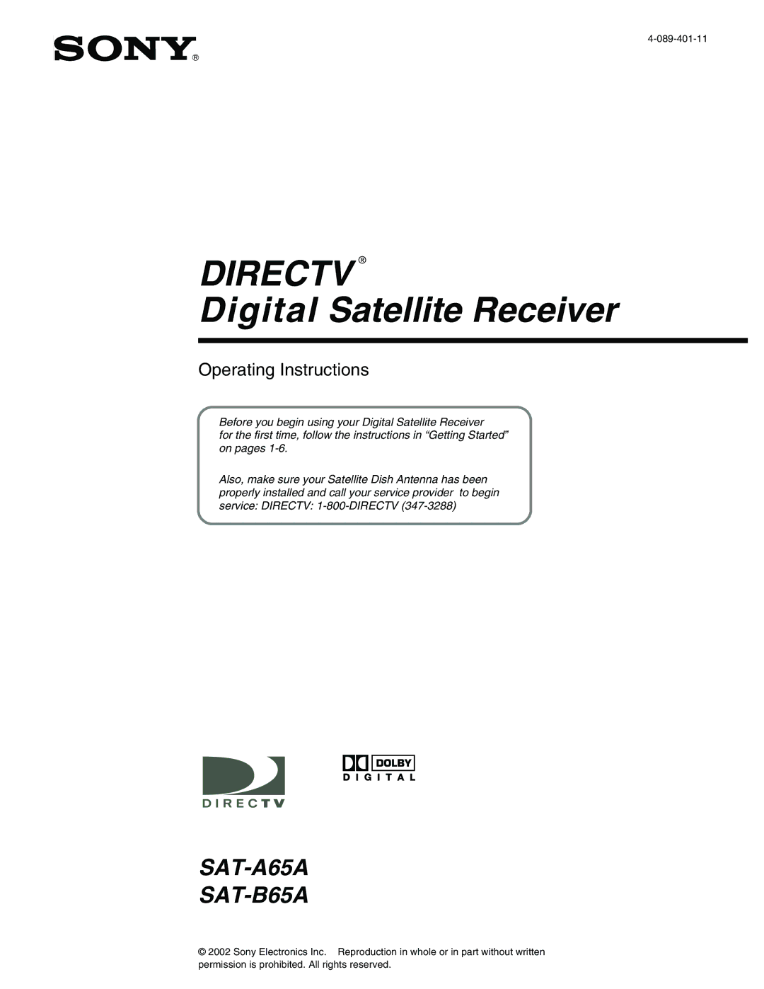 Sony SAT-A65A, SAT-B65A manual Directv 