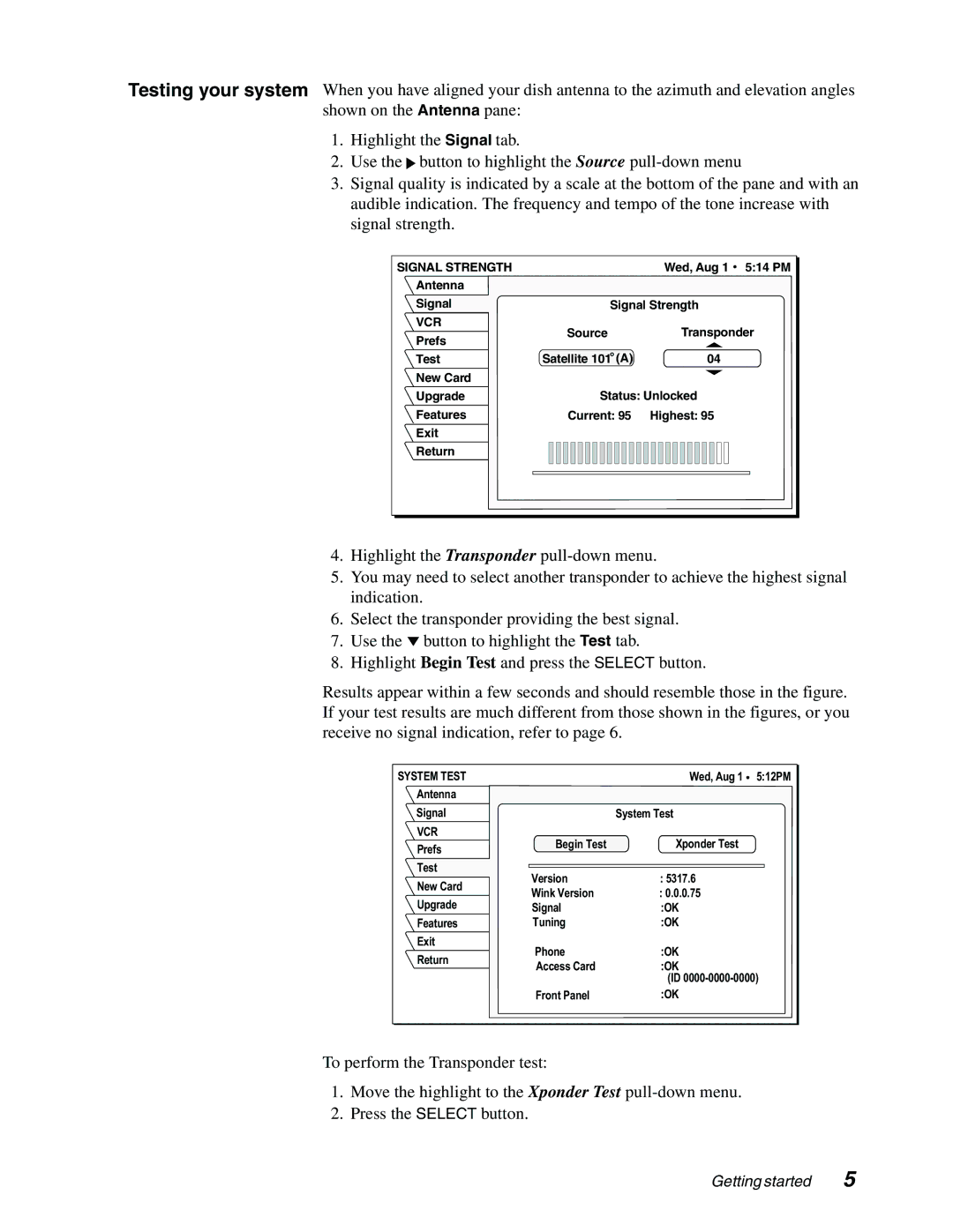 Sony SAT-A65A, SAT-B65A manual Signal Strength, System Test 