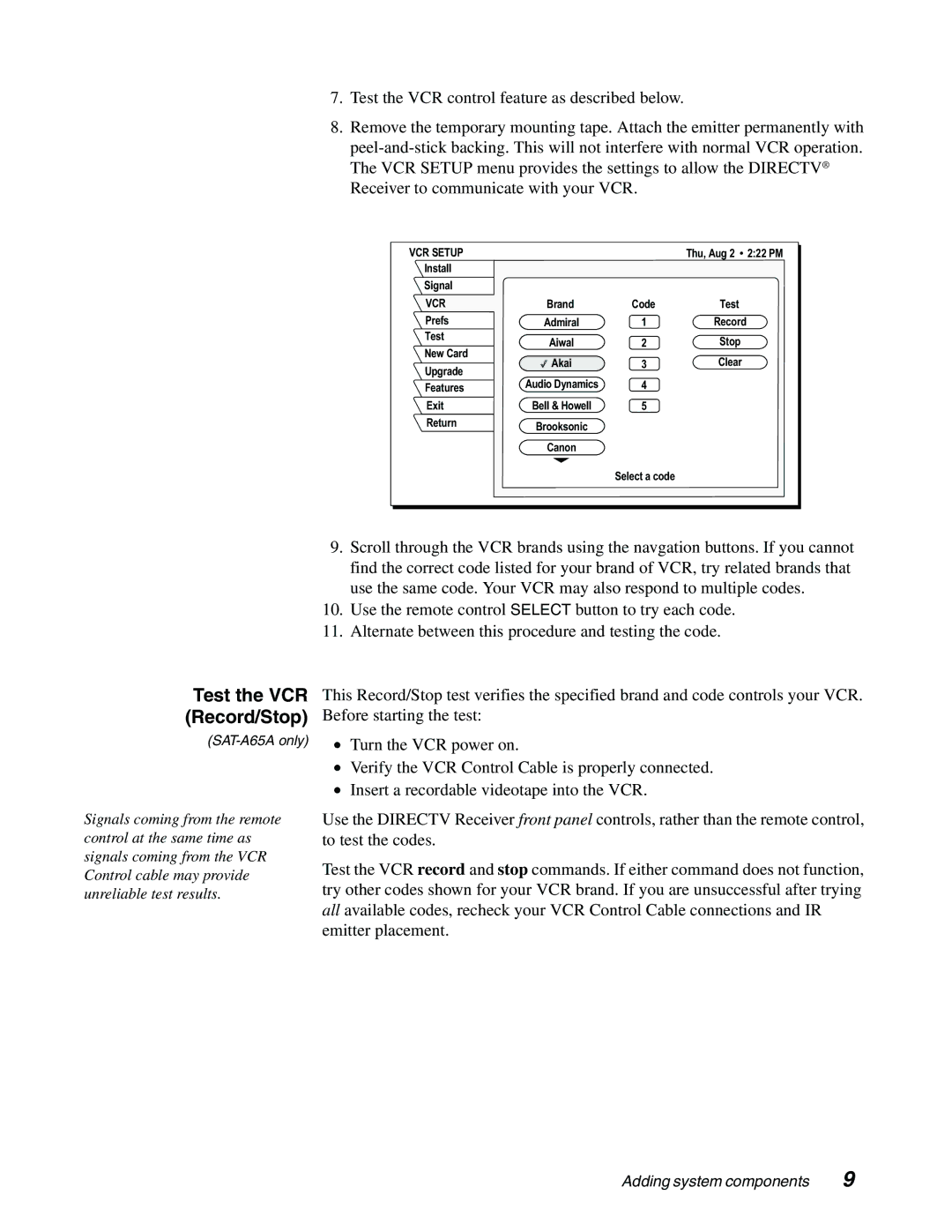 Sony SAT-A65A, SAT-B65A manual Test the VCR Record/Stop 