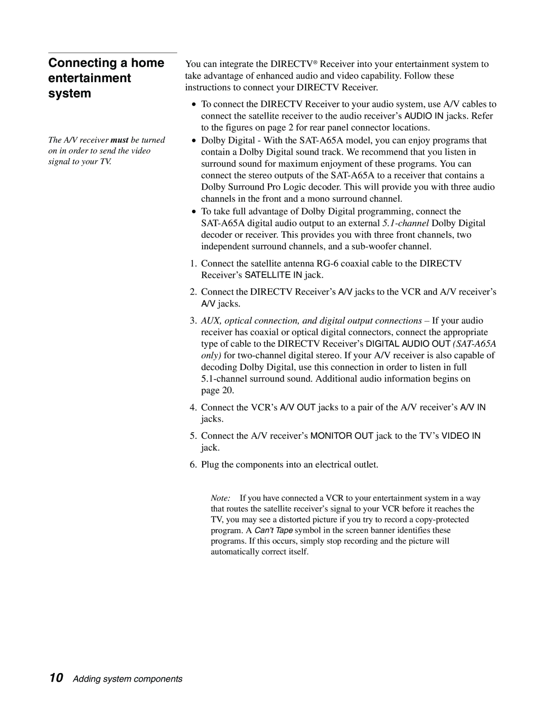 Sony SAT-B65A, SAT-A65A manual Connecting a home entertainment system 