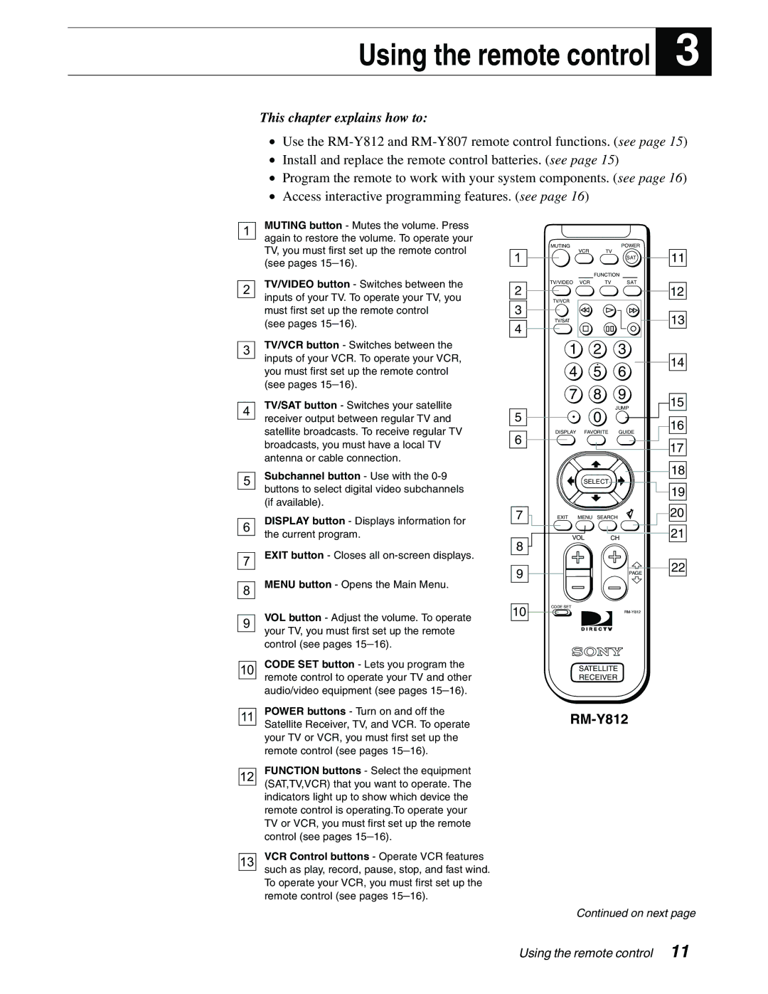 Sony SAT-A65A, SAT-B65A manual Using the remote control 