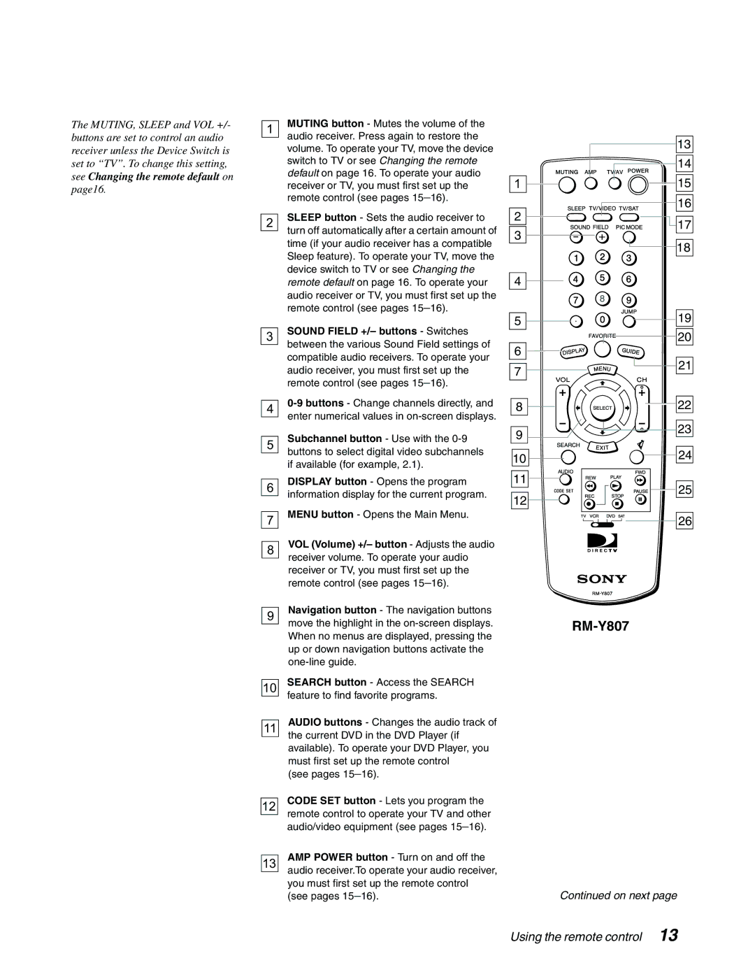 Sony SAT-A65A, SAT-B65A manual RM-Y807 