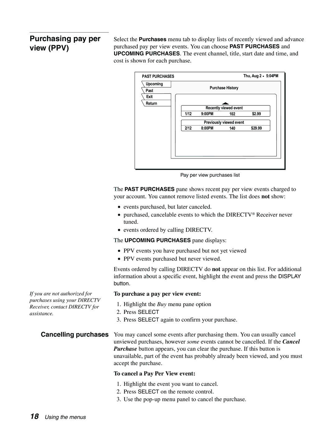 Sony SAT-B65A manual Purchasing pay per view PPV, Cancelling purchases, To purchase a pay per view event, Past Purchases 