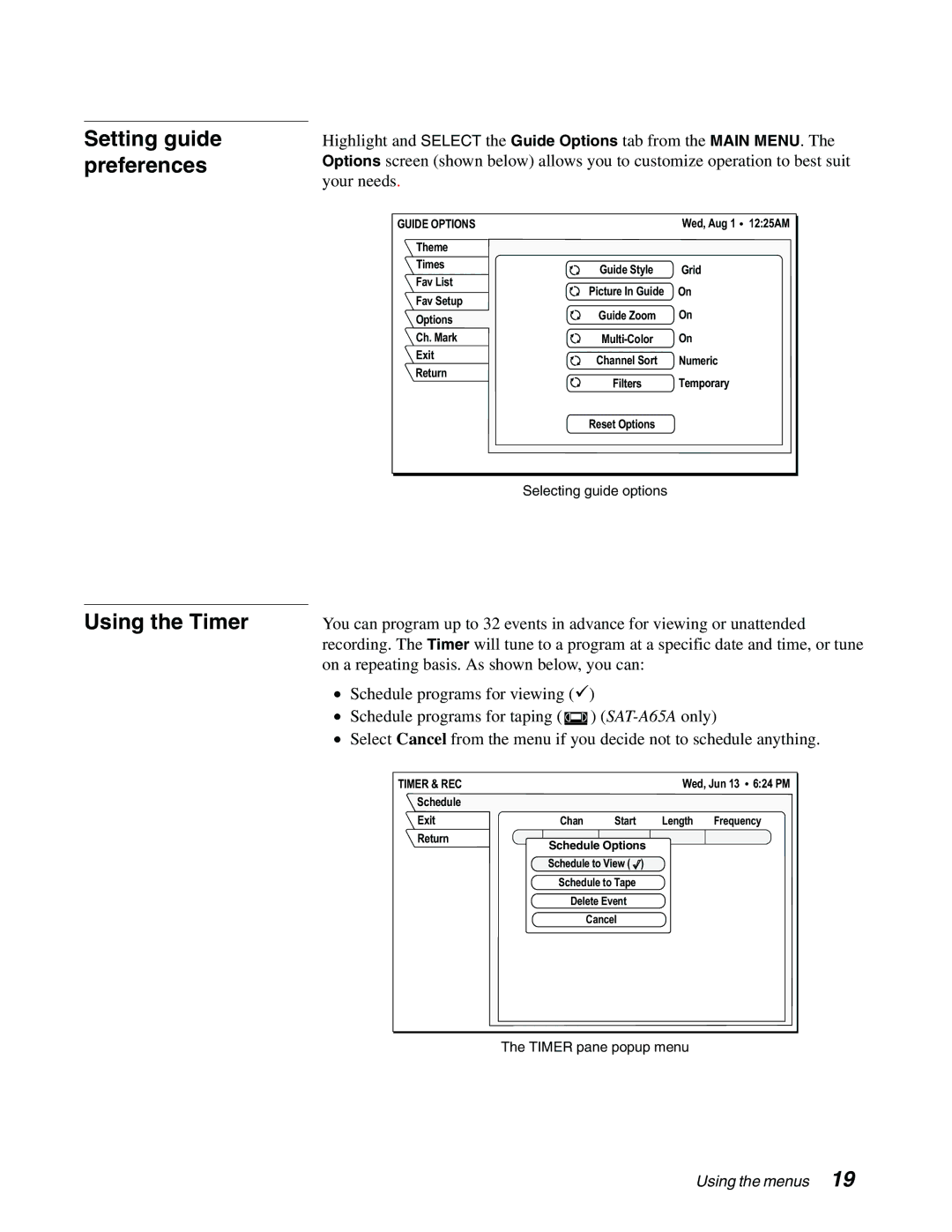 Sony SAT-A65A, SAT-B65A manual Setting guide preferences, Using the Timer, Guide Options, Timer & REC 