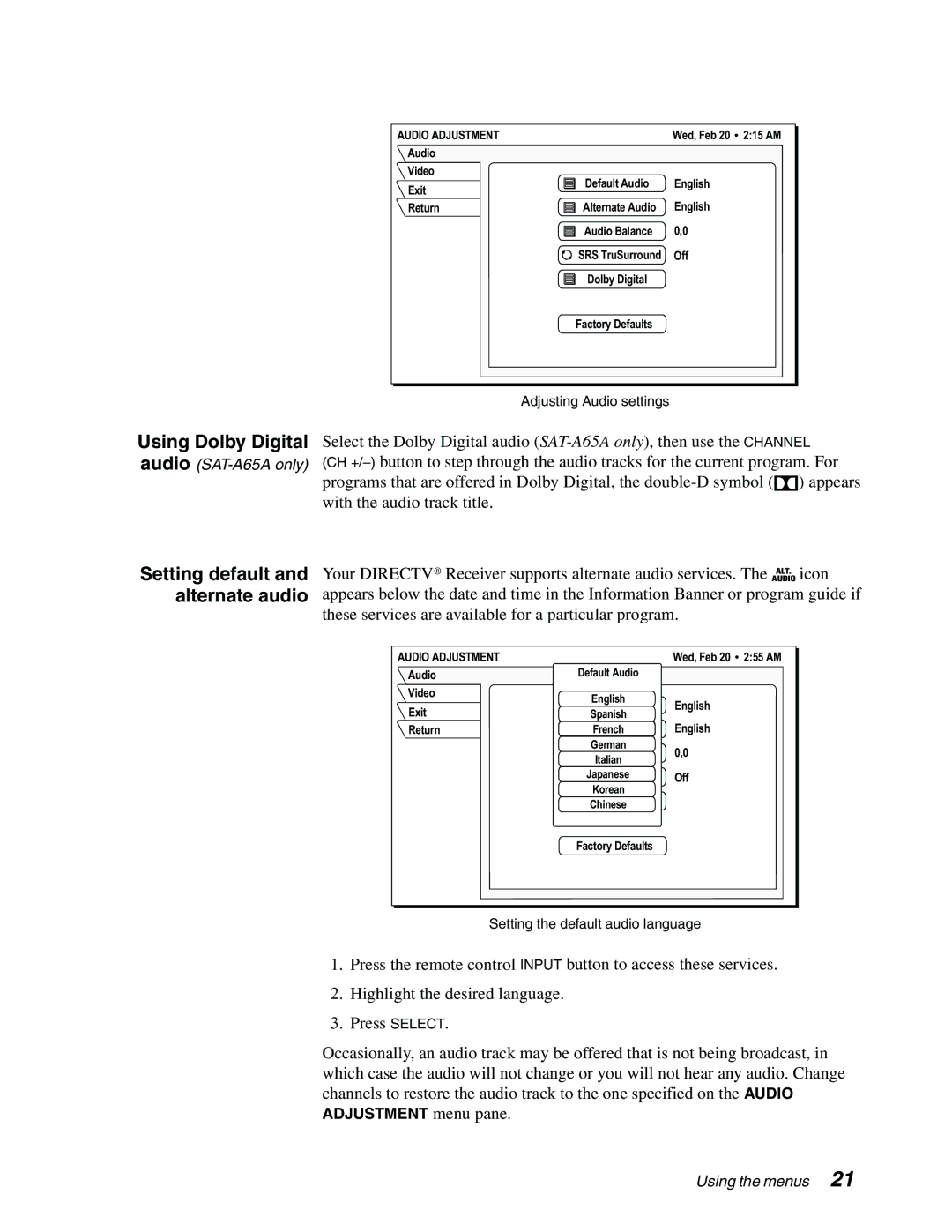 Sony SAT-A65A, SAT-B65A manual Using Dolby Digital, Setting default and alternate audio, Audio Adjustment 