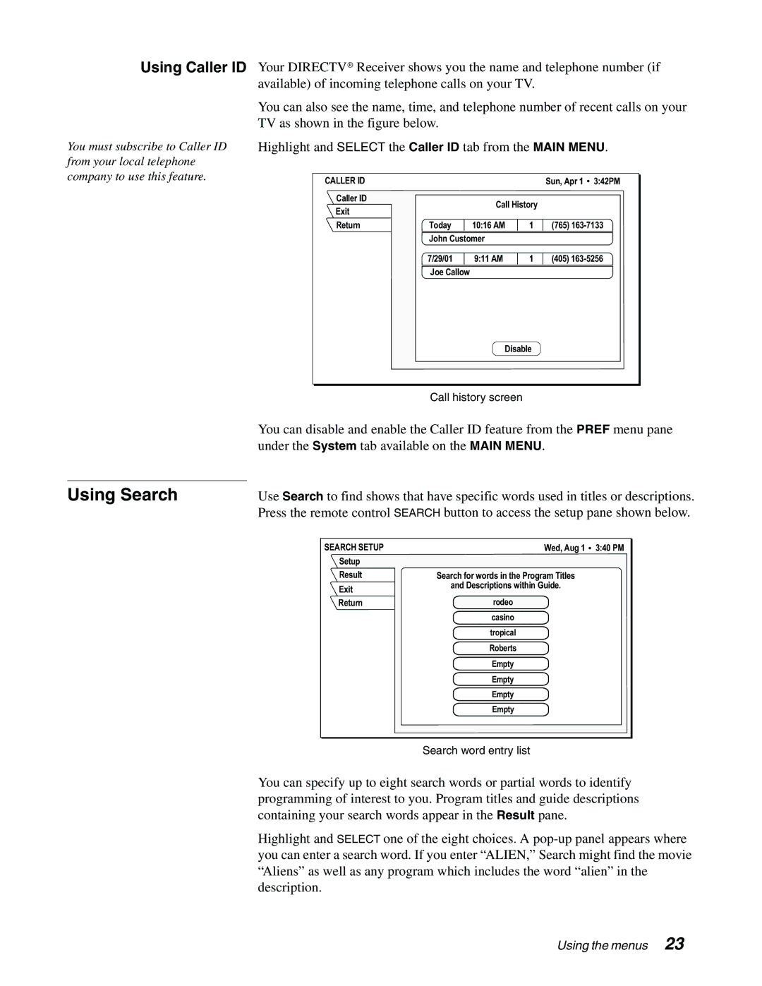 Sony SAT-A65A, SAT-B65A manual Using Search, Using Caller ID 