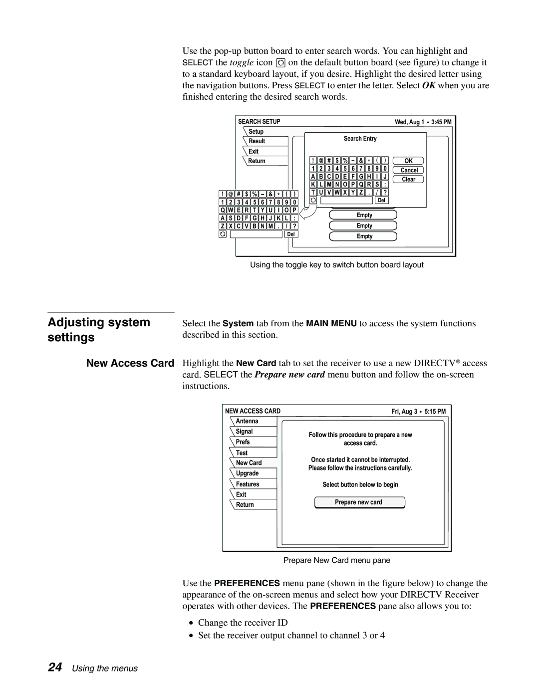 Sony SAT-B65A, SAT-A65A manual Adjusting system settings, New Access Card, NEW Access Card 