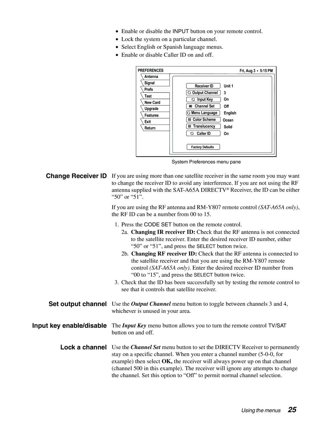 Sony SAT-A65A, SAT-B65A manual Preferences 