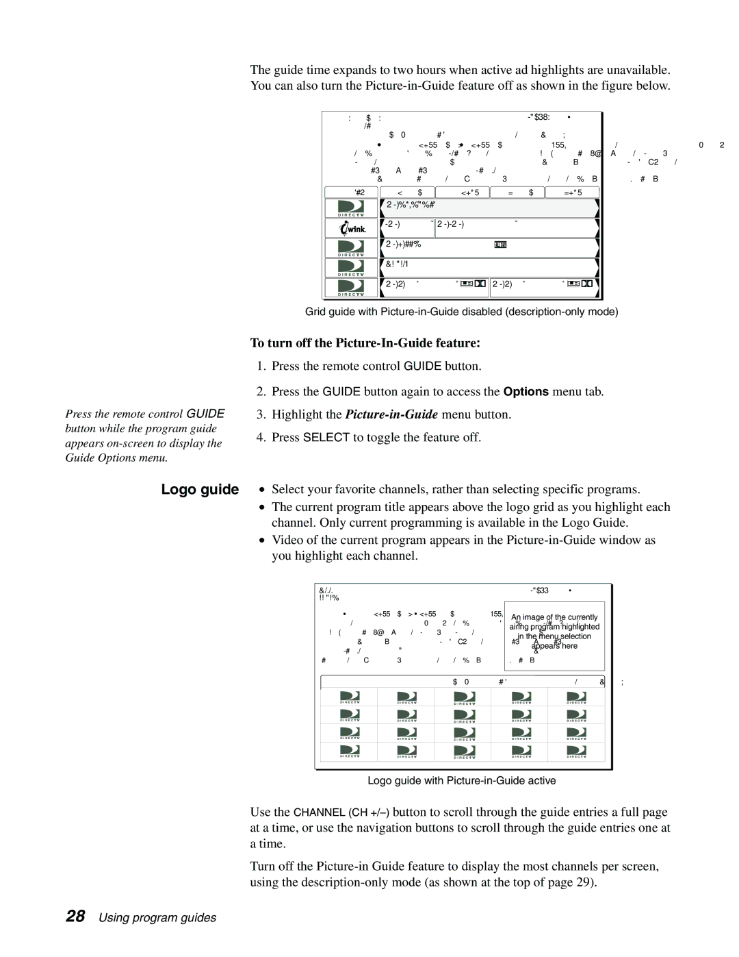 Sony SAT-B65A, SAT-A65A manual To turn off the Picture-In-Guide feature, Logo Guide 