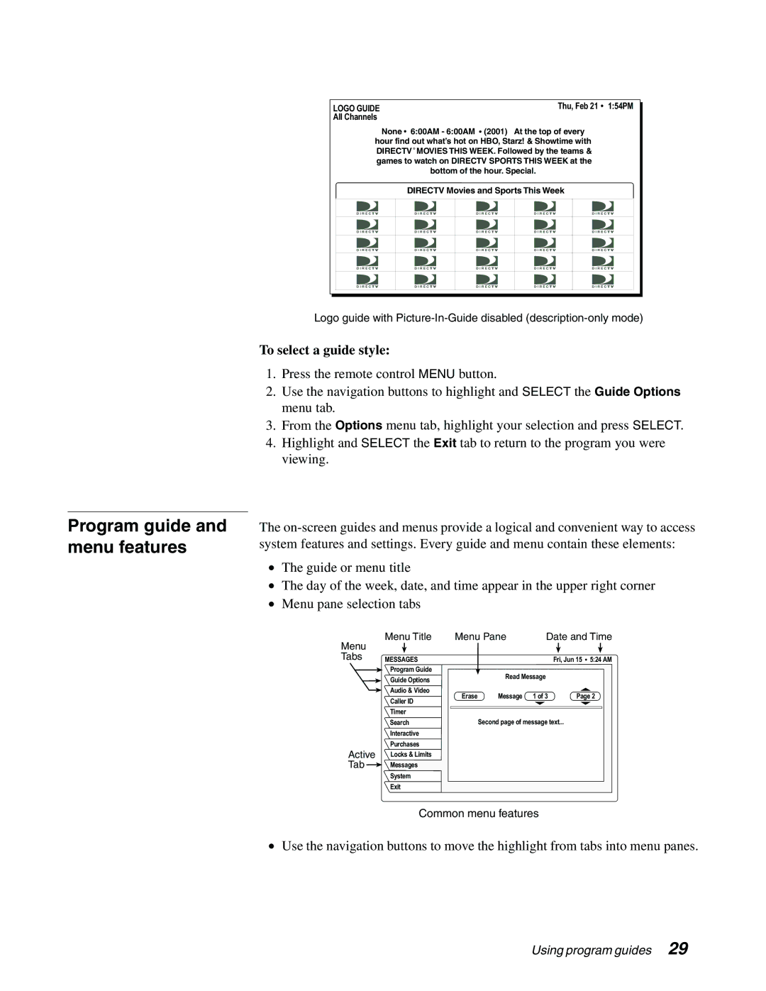 Sony SAT-A65A, SAT-B65A manual Program guide and menu features, To select a guide style 